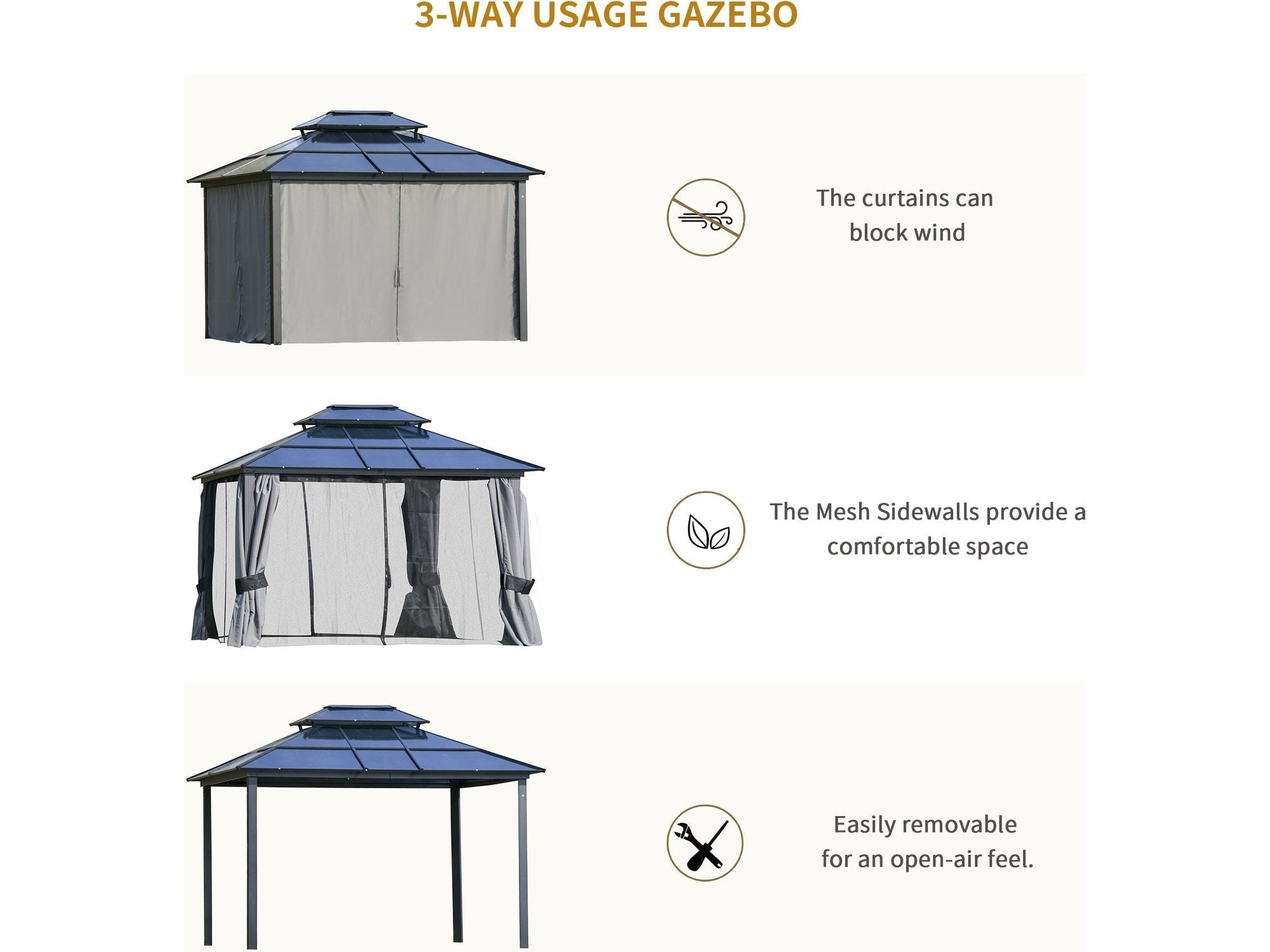 10' x 12' Hardtop Gazebo Canopy with Polycarbonate Roof - Dark Grey/Charcoal grey