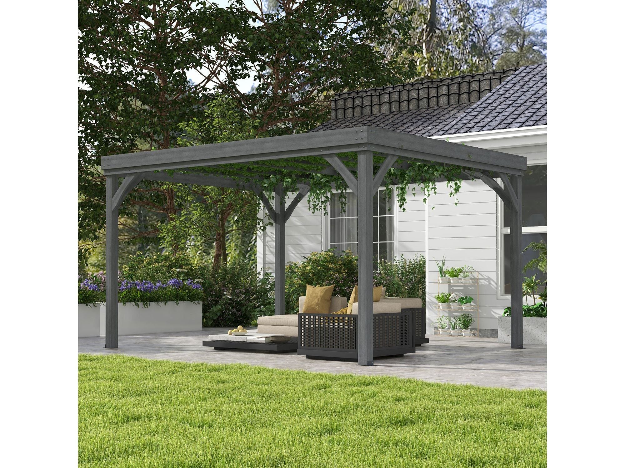 10' x 12' Outdoor Wooden Pergola Grape Vine Gazebo - Gray