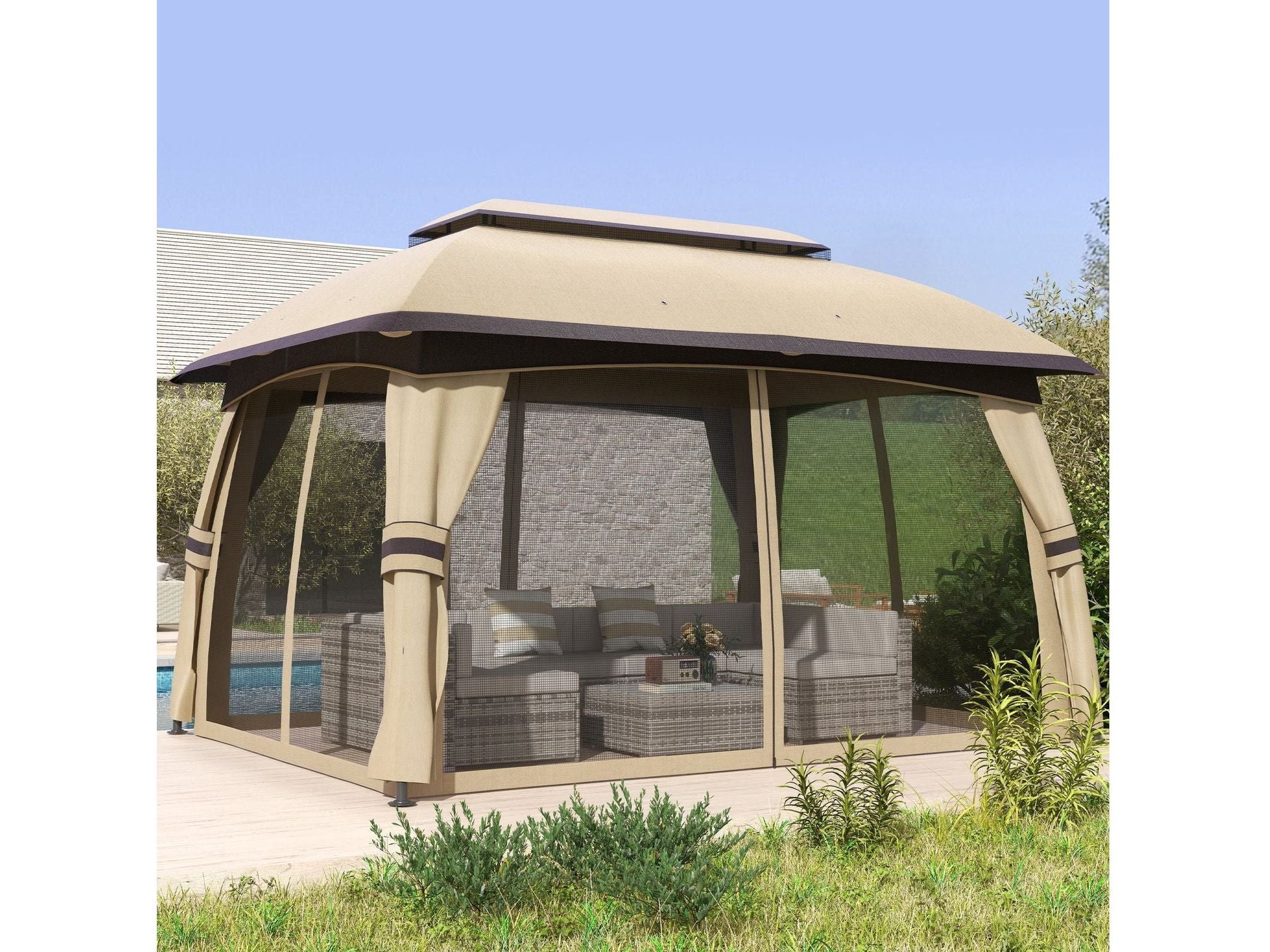 10' x 13' Outdoor Gazebo Canopy Shelter with Netting & Curtains - Beige