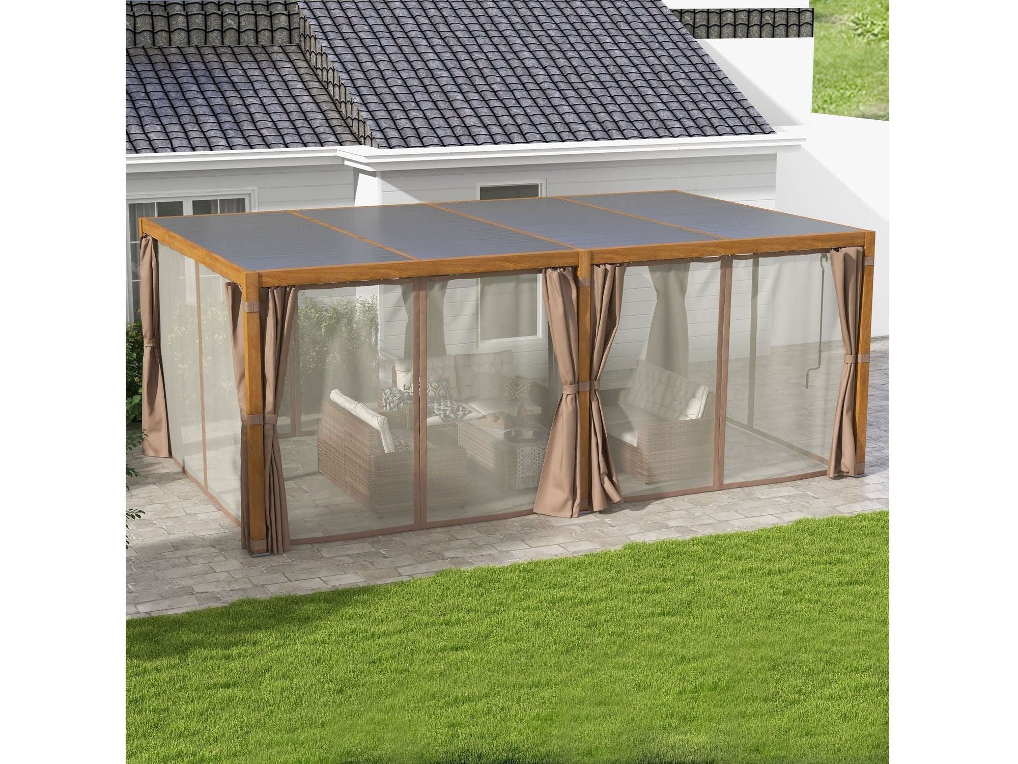 12' x 19' Aluminum Pergola with Louvered - Natural Wood