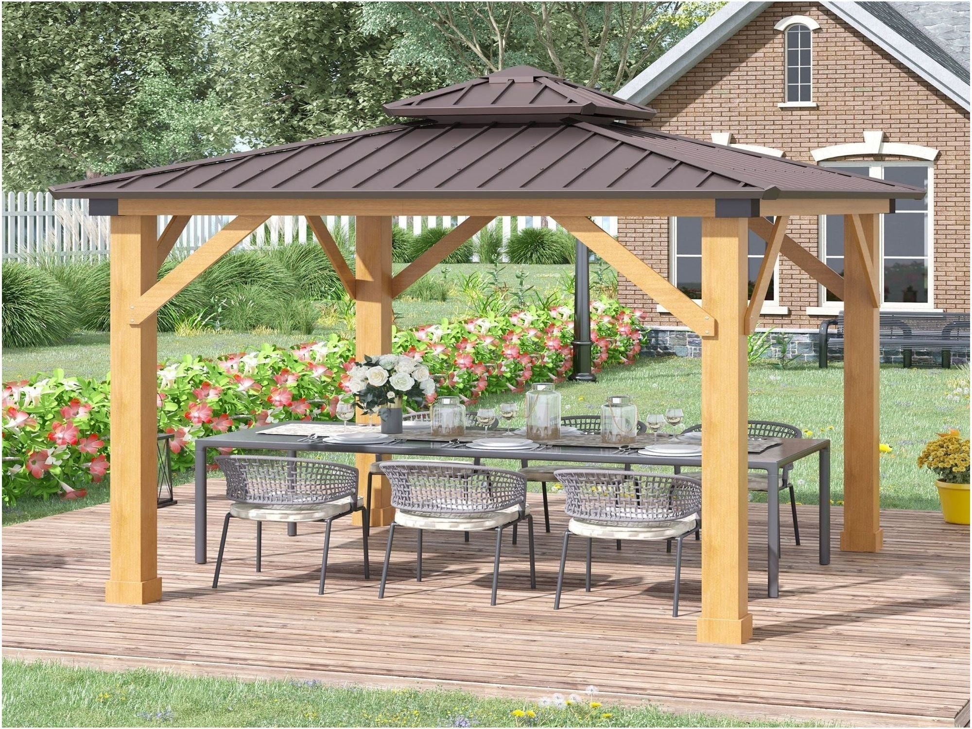 10' x 10' Hardtop Gazebo with Galvanized Steel Double Roof - Brown