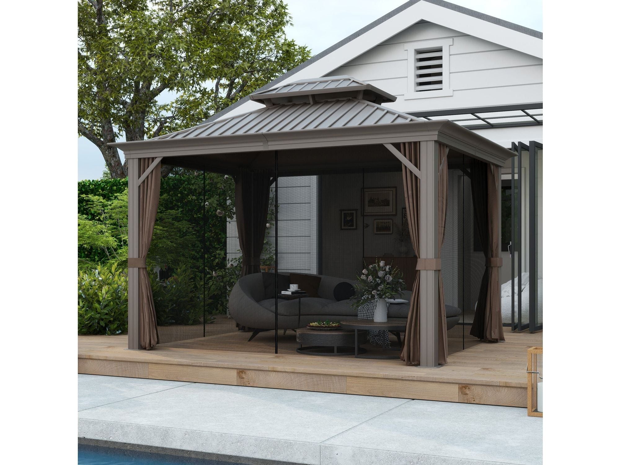 10' x 12' Aluminum Frame Hardtop Gazebo with Curtains and Netting - Coffee