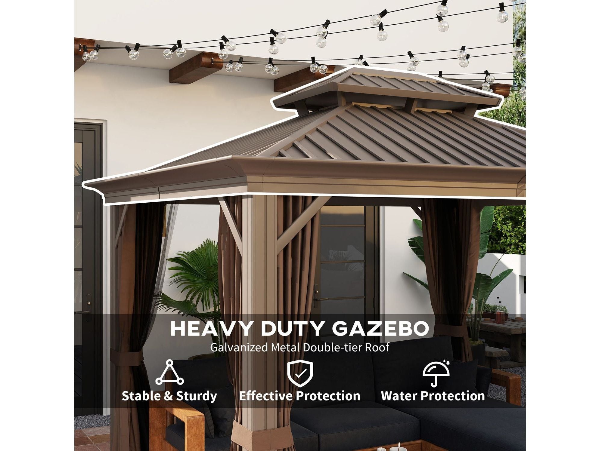 10' x 12' Aluminum Frame Hardtop Gazebo with Curtains and Netting - Coffee