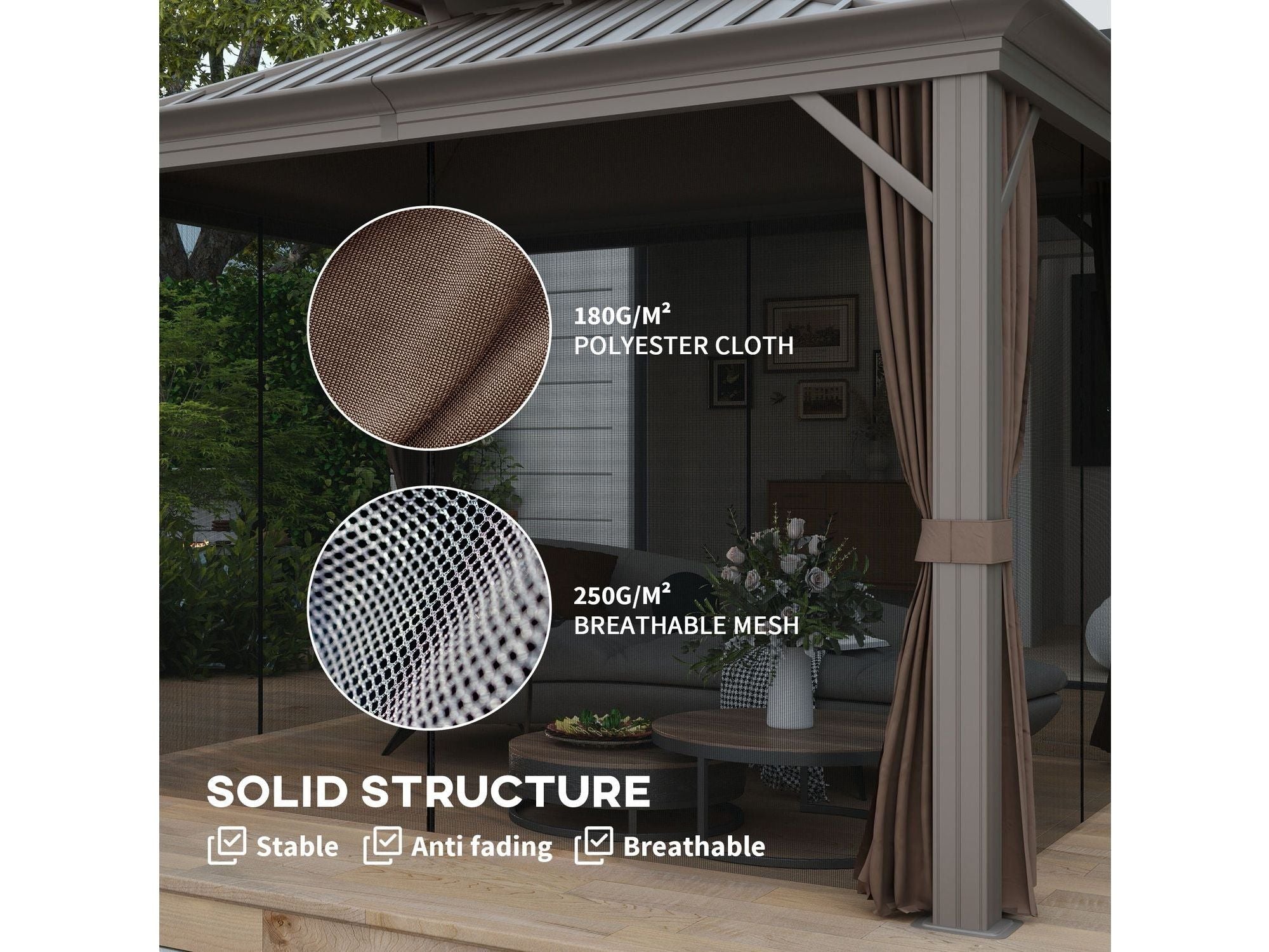 10' x 12' Aluminum Frame Hardtop Gazebo with Curtains and Netting - Coffee