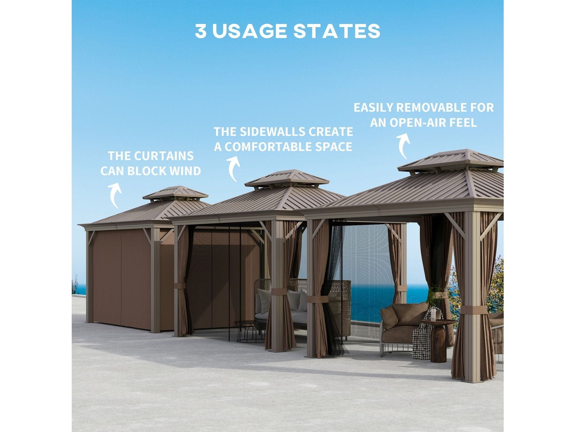 10' x 12' Aluminum Frame Hardtop Gazebo with Curtains and Netting - Coffee
