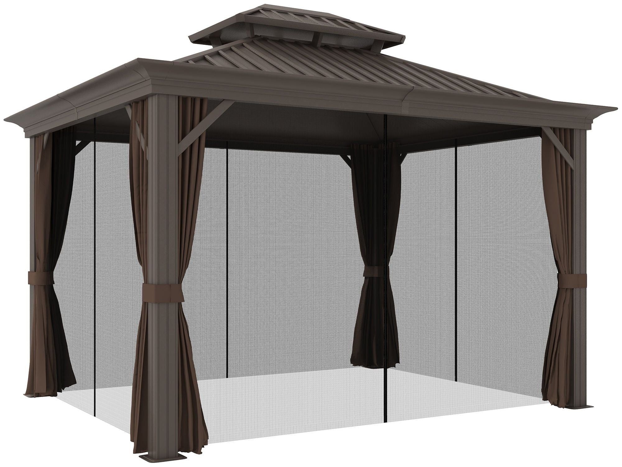 10' x 12' Aluminum Frame Hardtop Gazebo with Curtains and Netting - Coffee