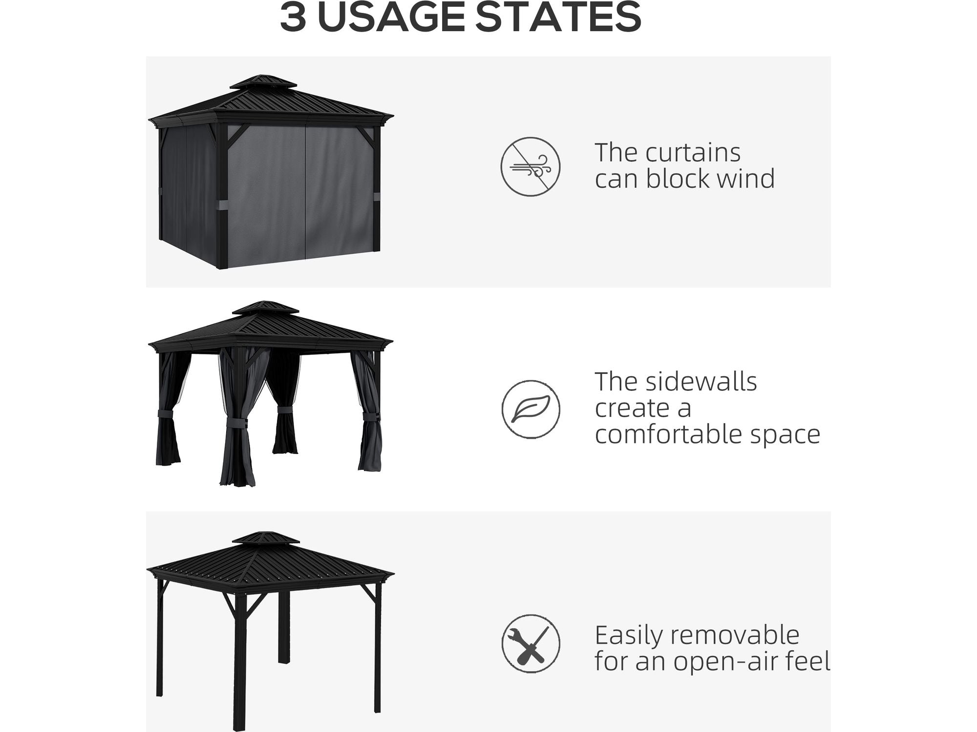 10' x 12' Aluminum Frame Hardtop Gazebo with Sidewalls - Dark Gray