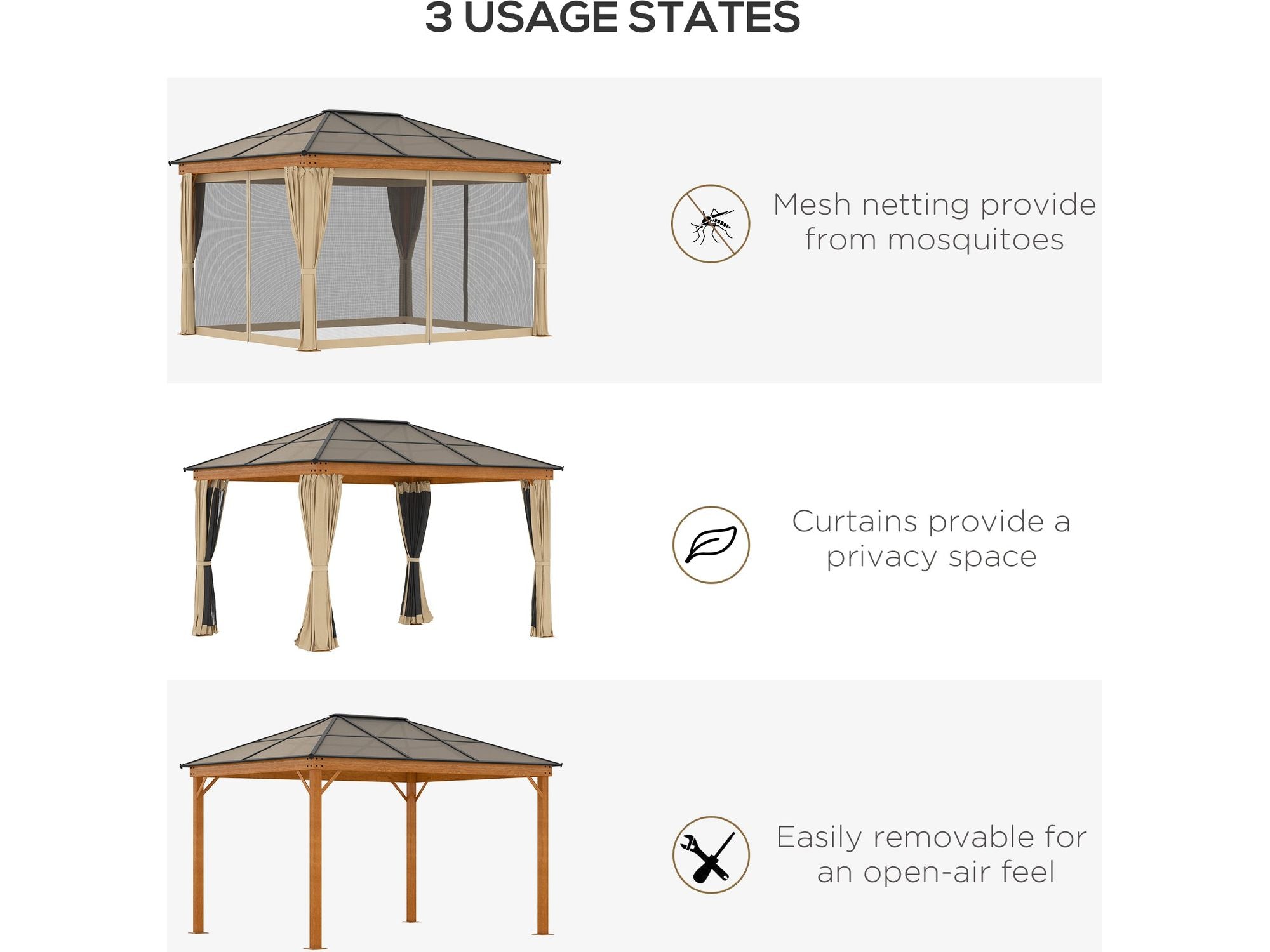 10' x 12' Aluminum Frame Hardtop Polycarbonate Gazebo - Khaki