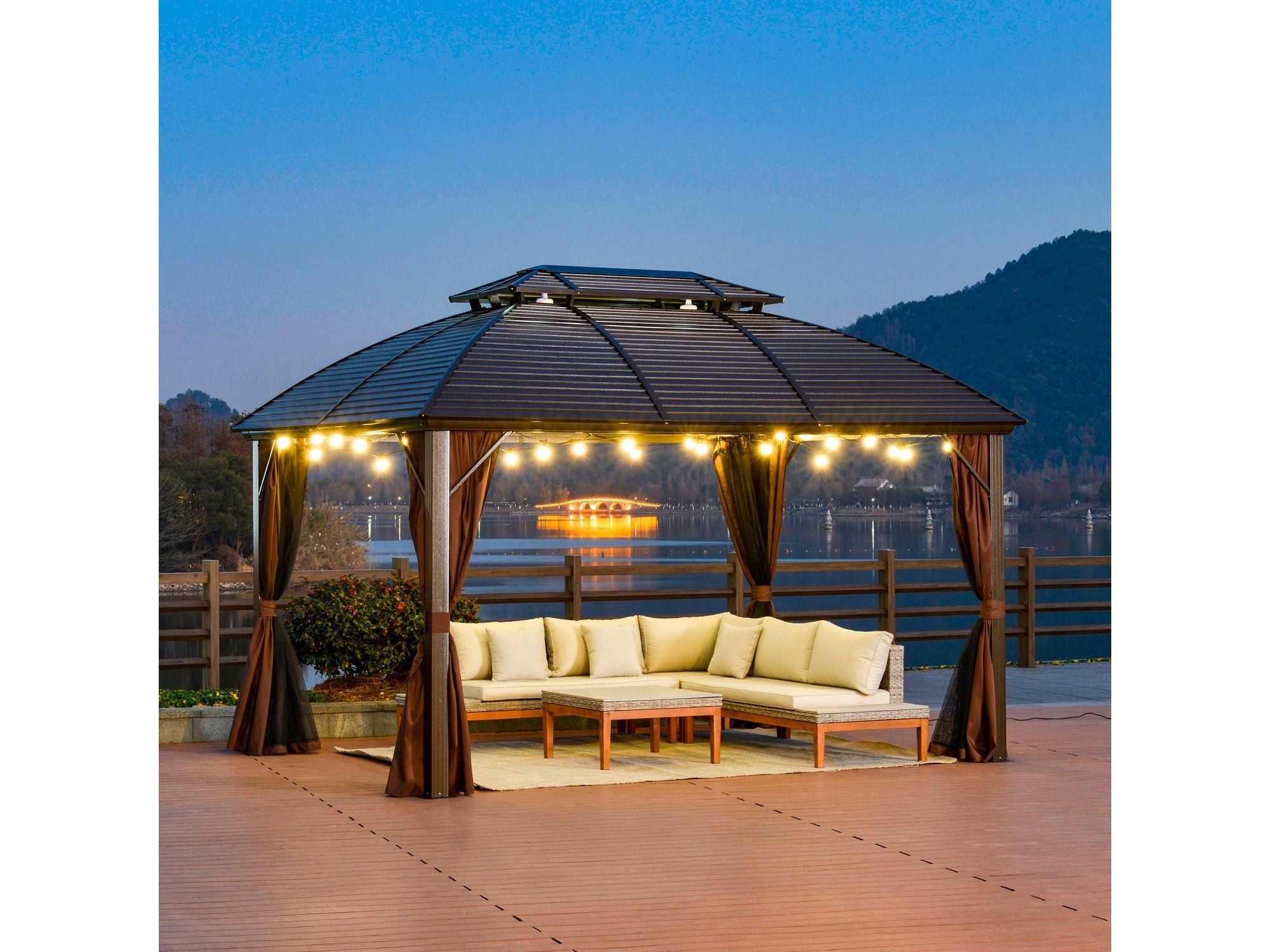 10' x 12' Hardtop Gazebo Canopy with Galvanized Steel Double Roof - Brown