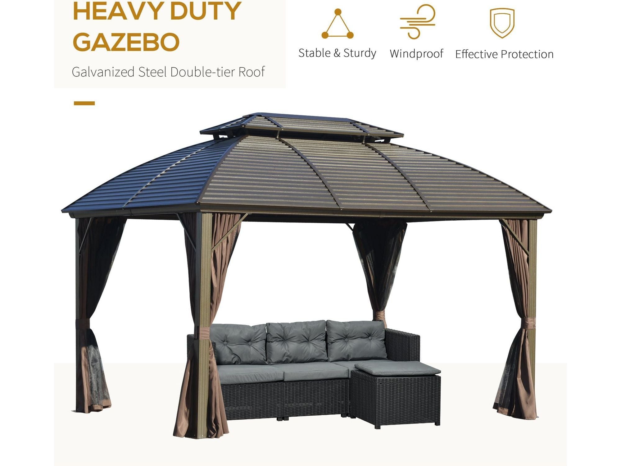 10' x 12' Hardtop Gazebo Canopy with Galvanized Steel Double Roof - Brown