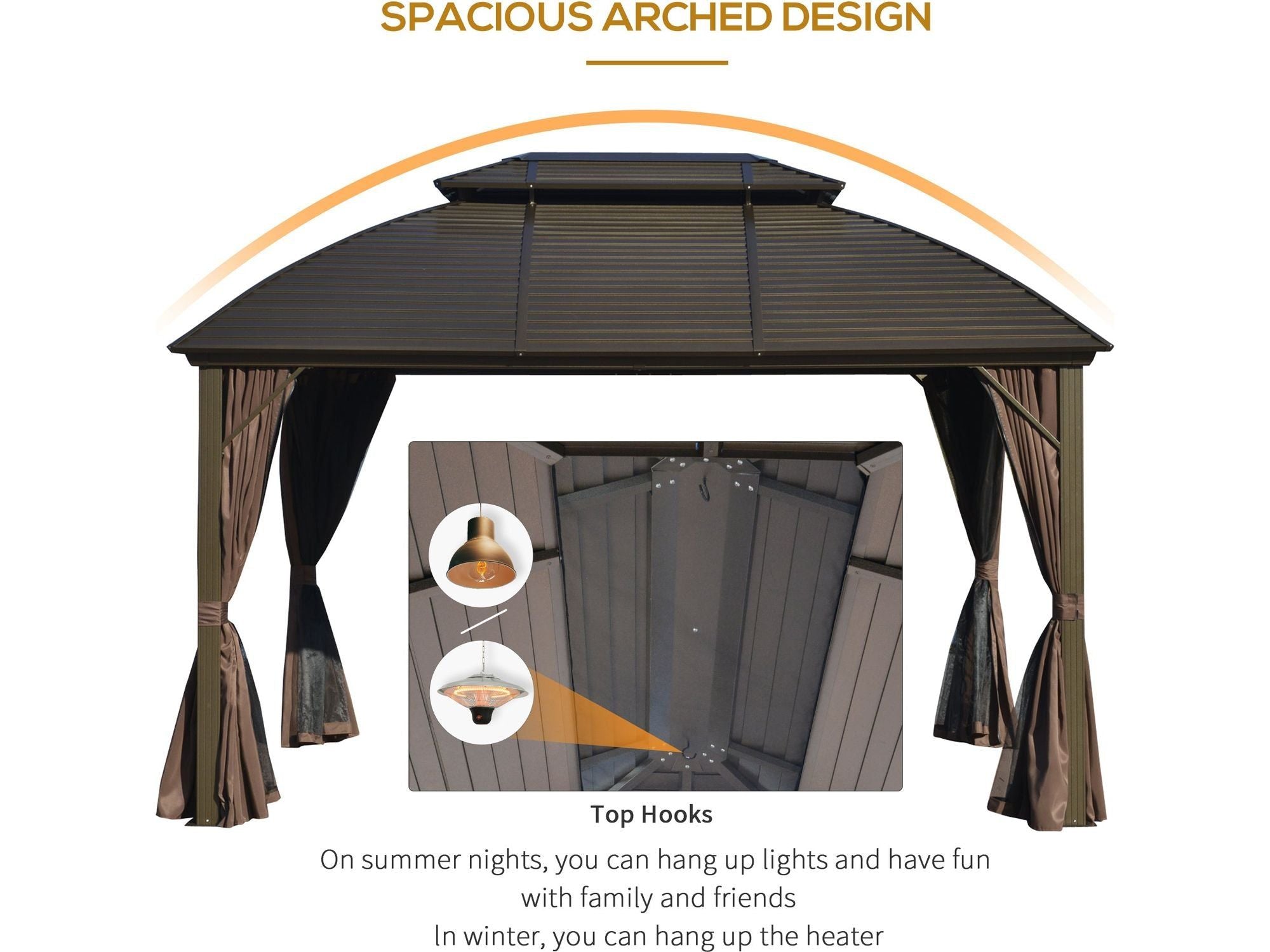 10' x 12' Hardtop Gazebo Canopy with Galvanized Steel Double Roof - Brown