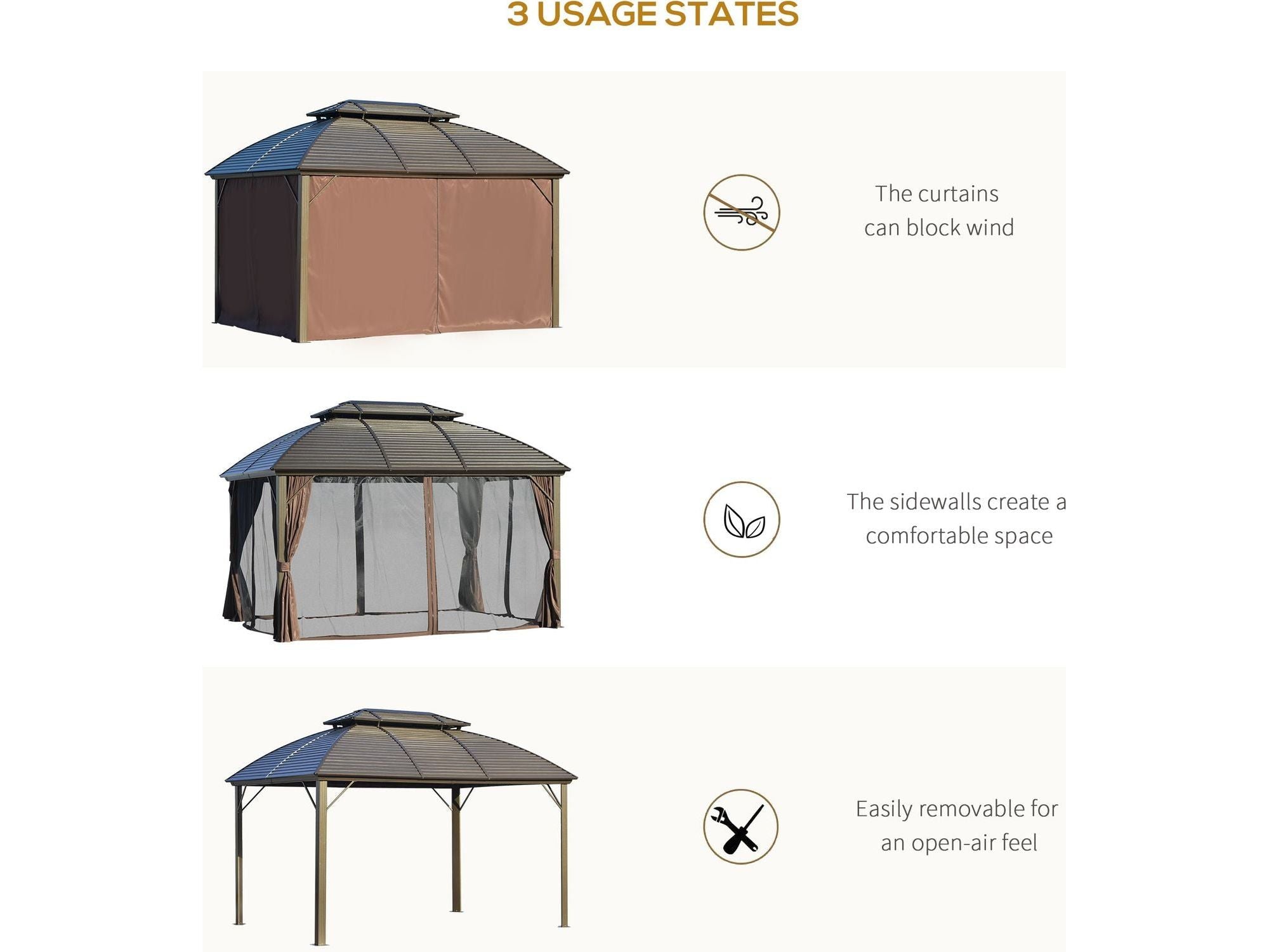 10' x 12' Hardtop Gazebo Canopy with Galvanized Steel Double Roof - Brown