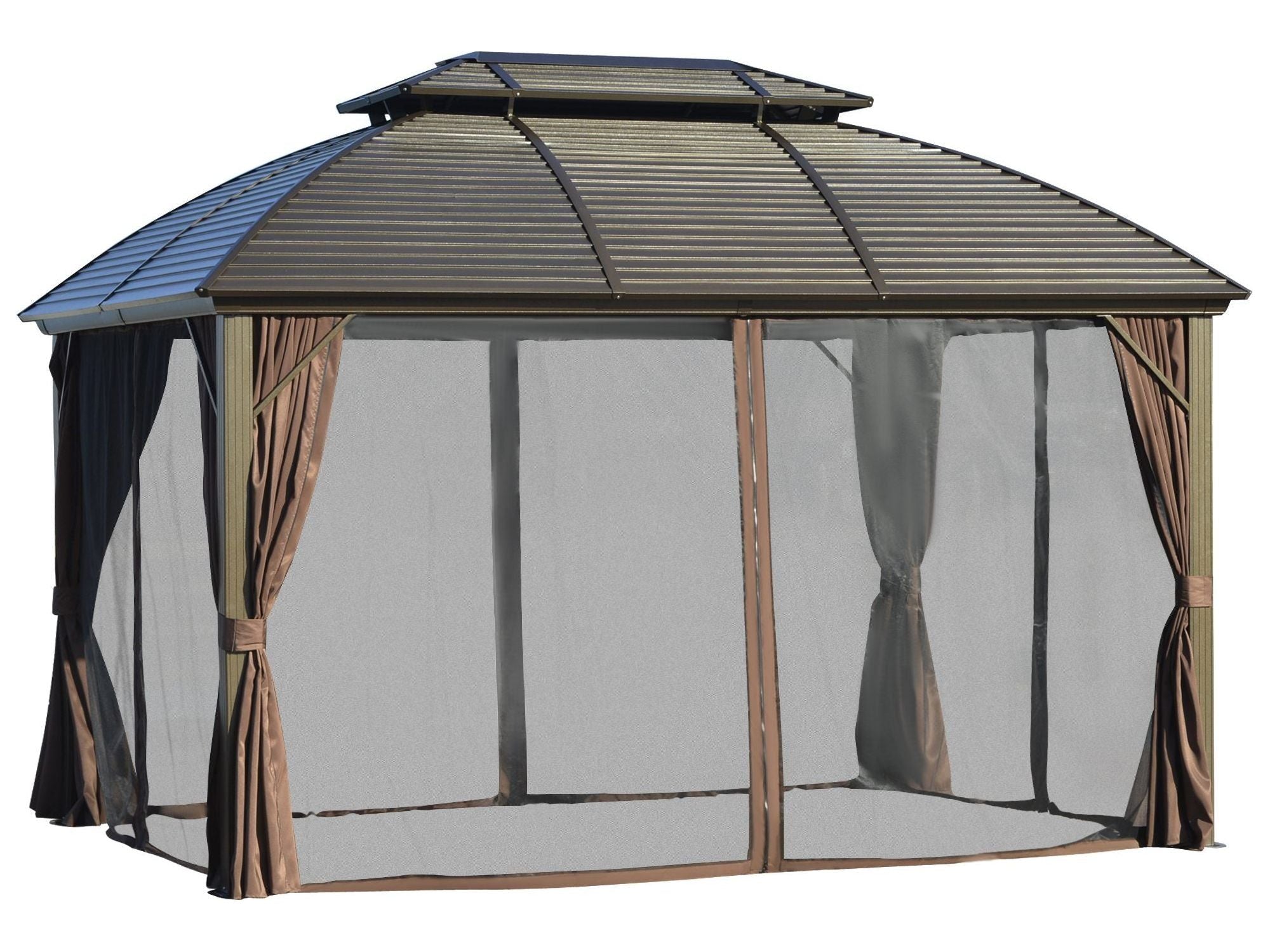 10' x 12' Hardtop Gazebo Canopy with Galvanized Steel Double Roof - Brown