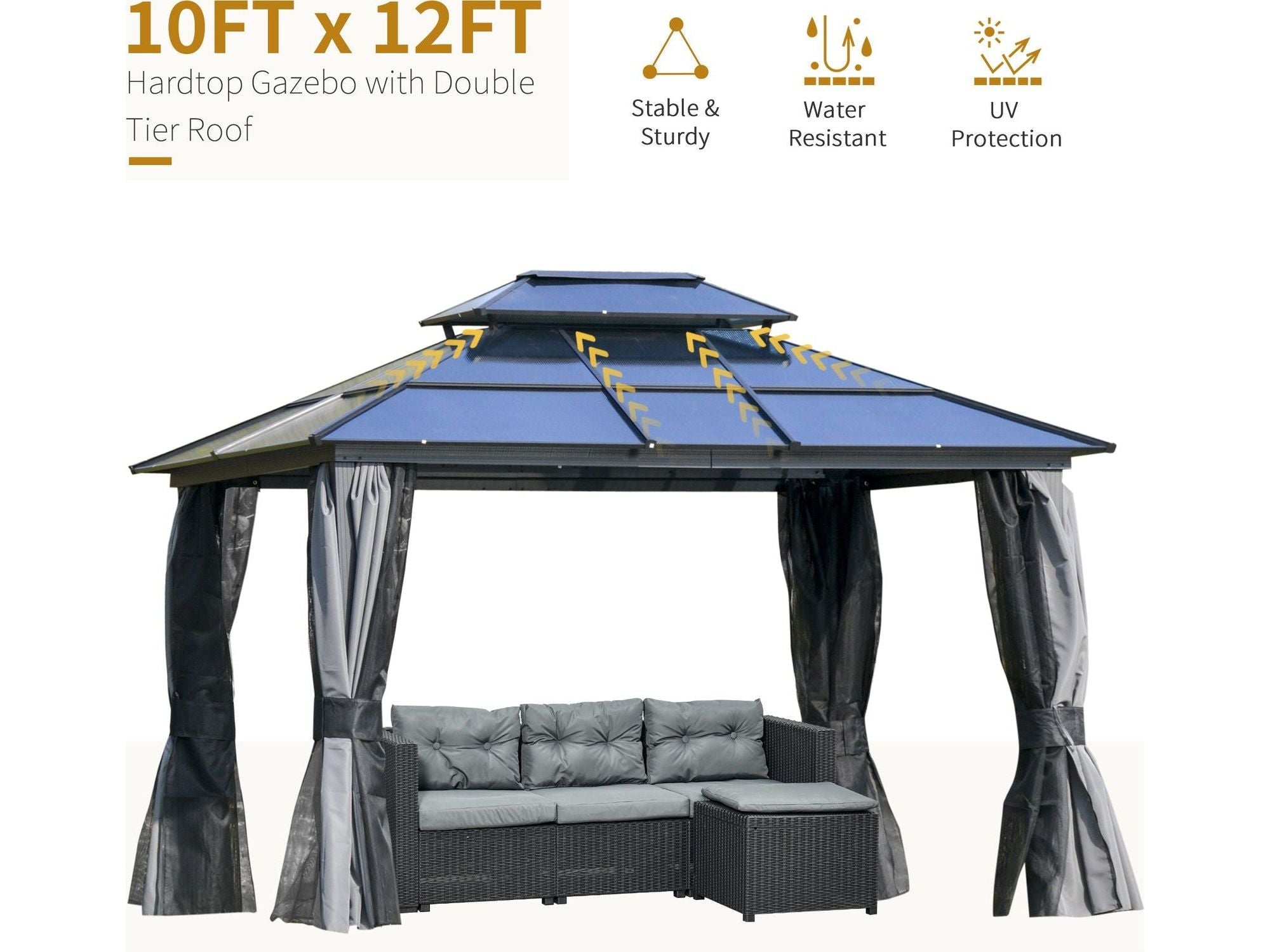 10' x 12' Hardtop Gazebo Canopy with Polycarbonate Roof - Dark Grey/Charcoal grey