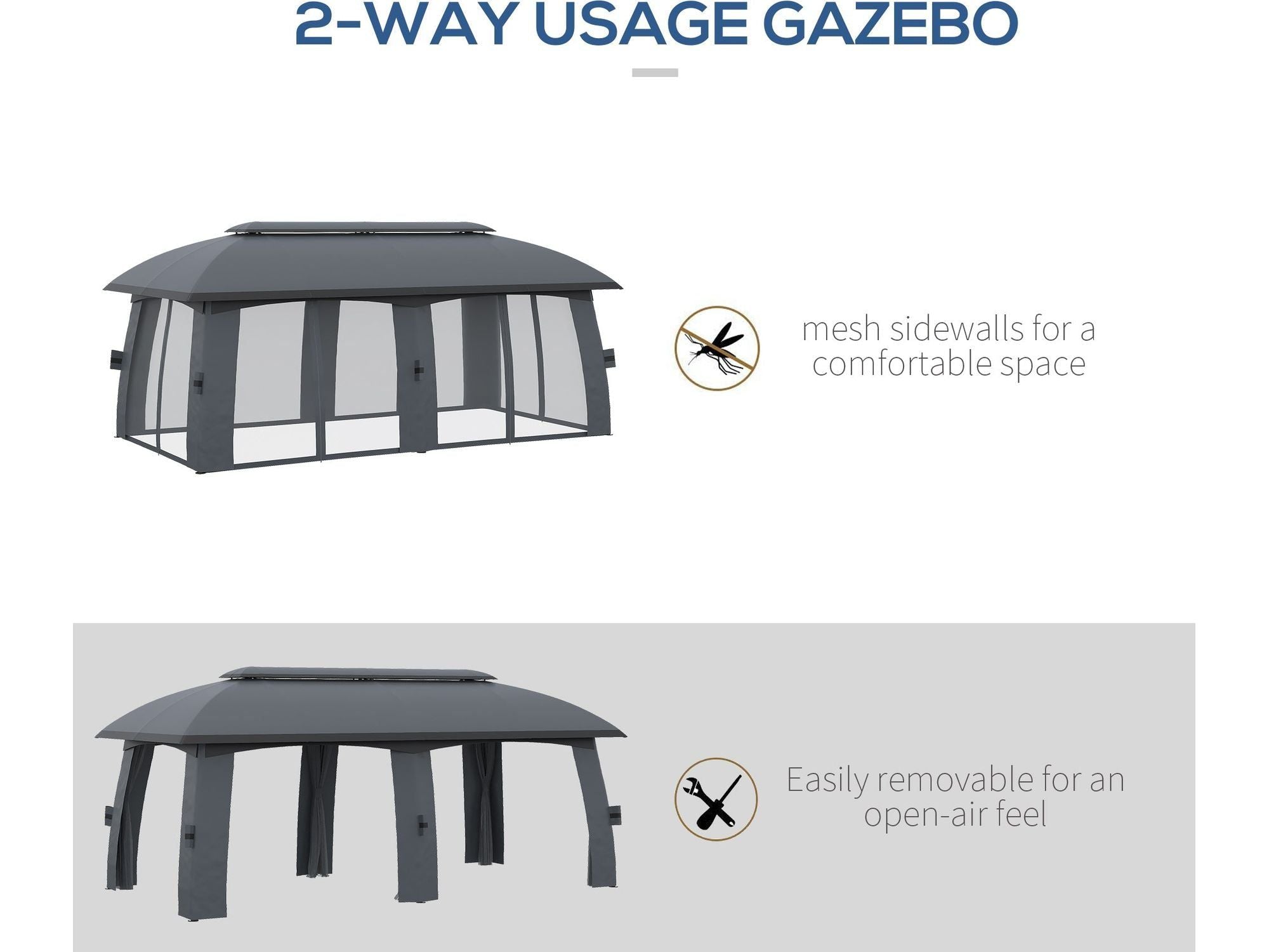 10' x 20' Outdoor Gazebo Canopy Shelter with Netting & Curtains - Dark Gray
