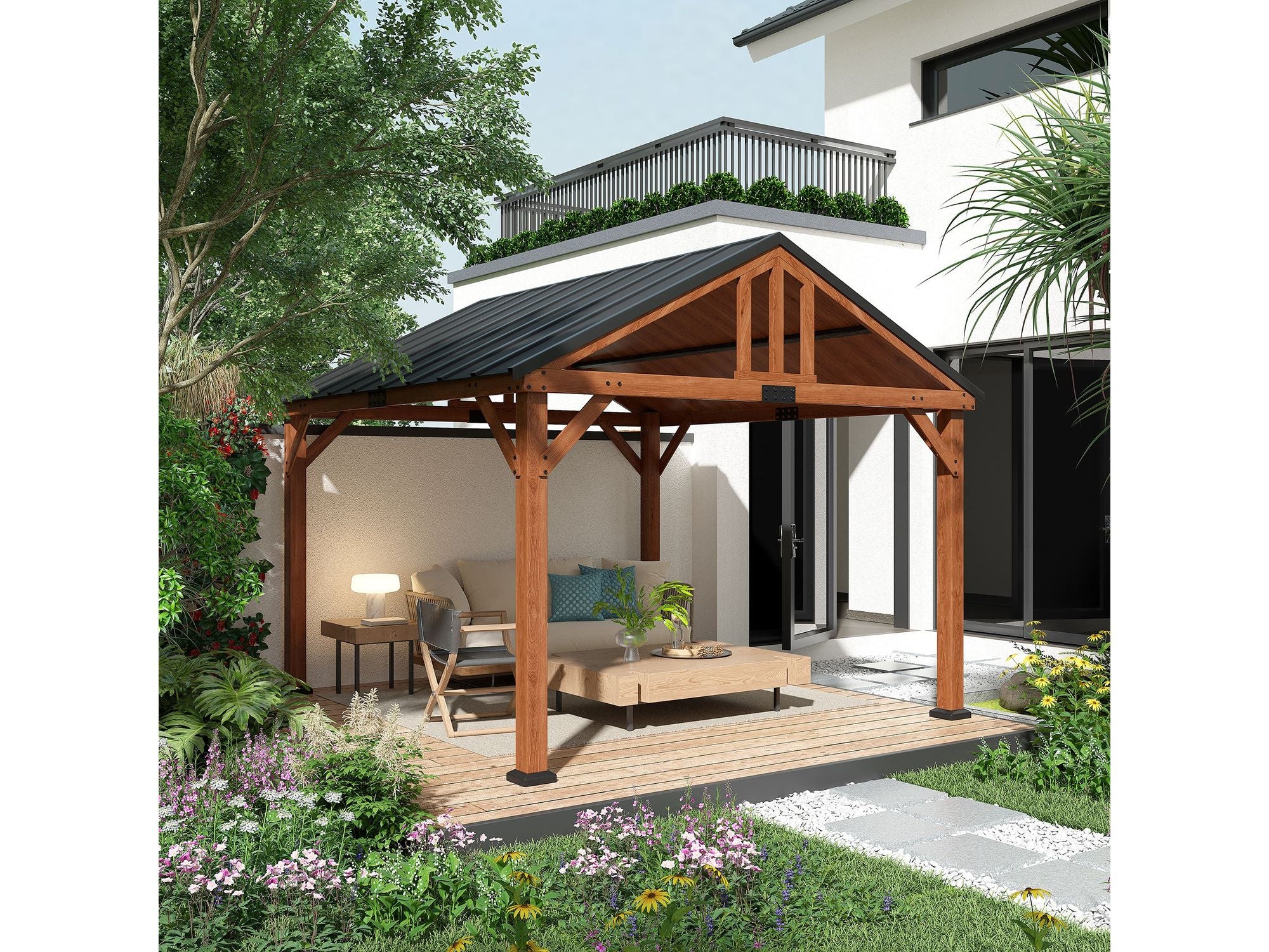 11' x 12' Hardtop Gazebo with Wooden Frame and Waterproof Roof - Brown