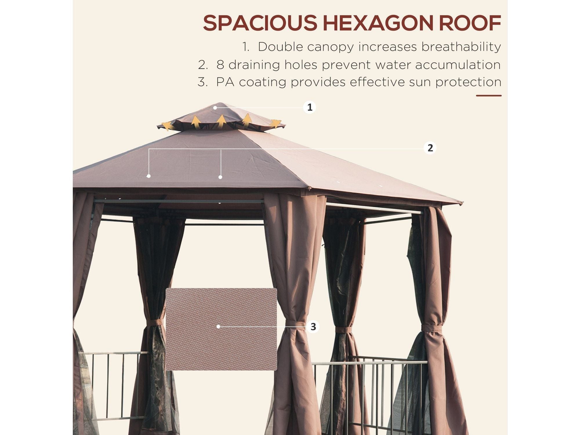 13' x 13' Double Roof Hexagon Outdoor Gazebo - Coffee