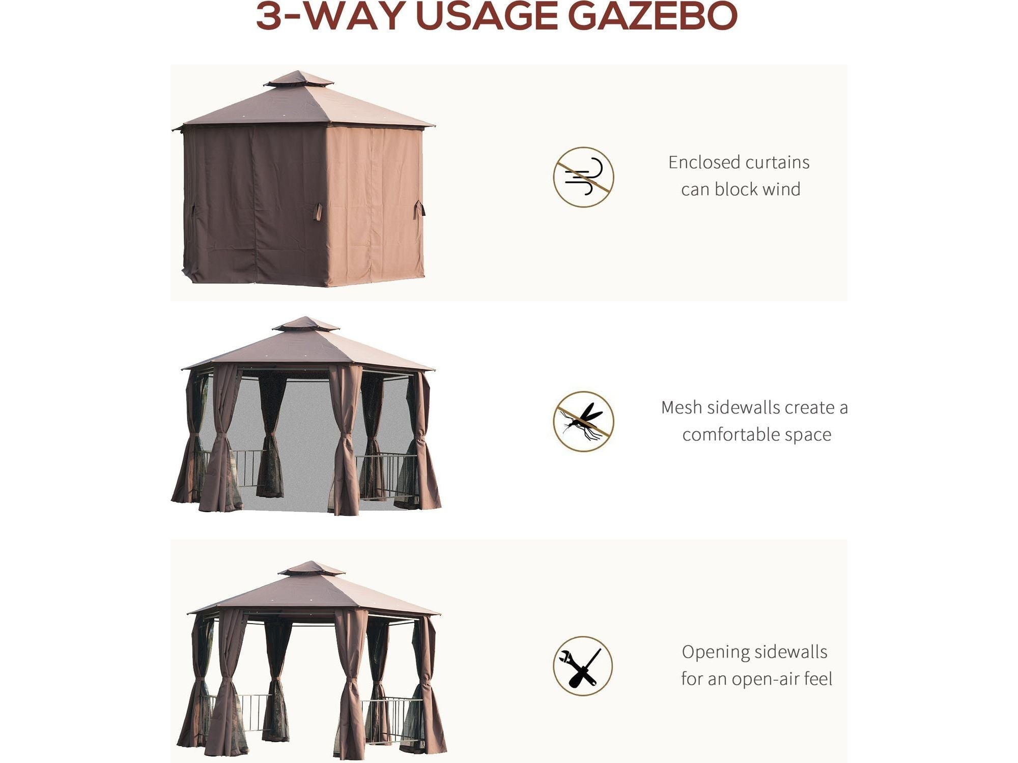 13' x 13' Double Roof Hexagon Outdoor Gazebo - Coffee