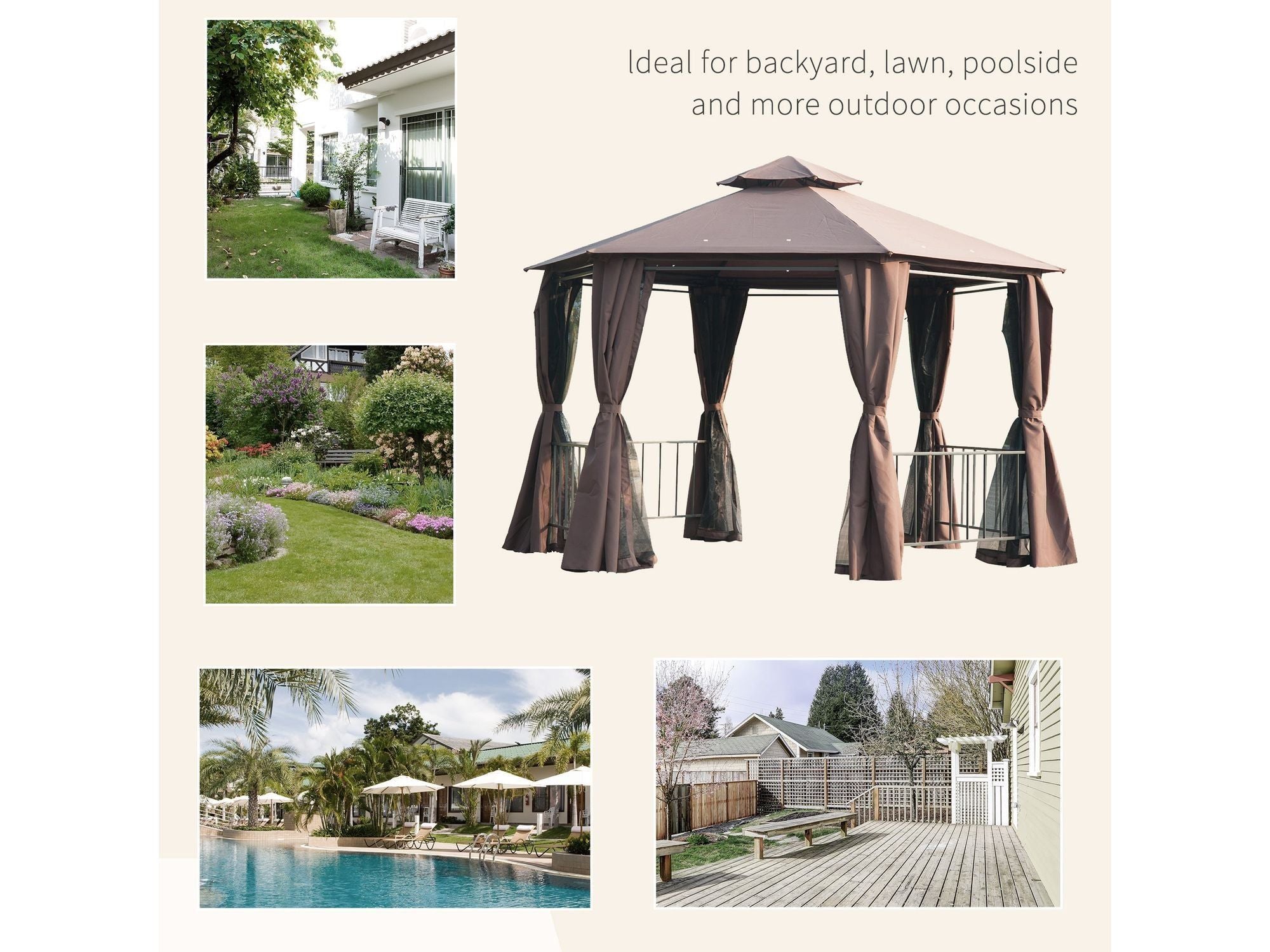 13' x 13' Double Roof Hexagon Outdoor Gazebo - Coffee
