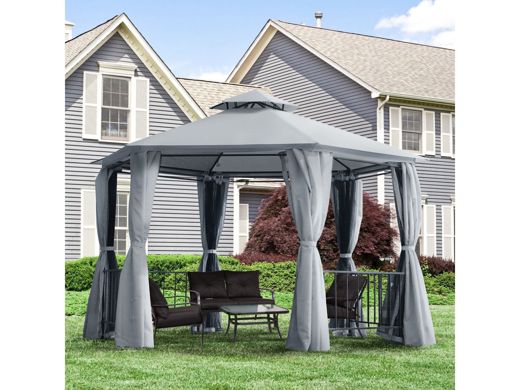 13' x 13' Double Roof Hexagon Outdoor Gazebo - Grey