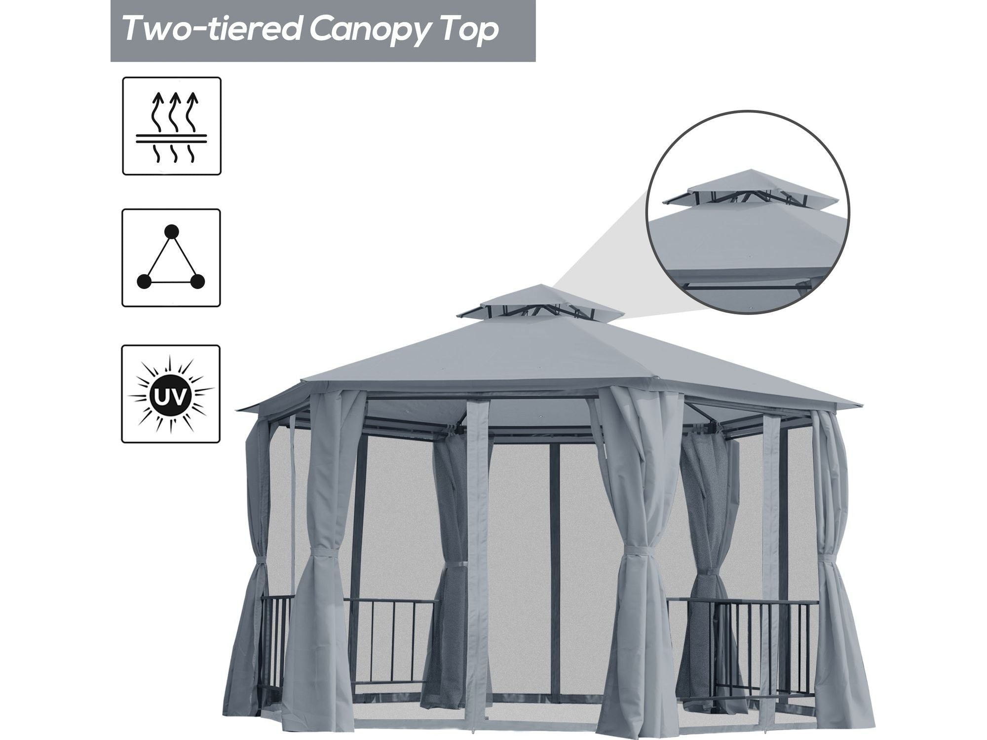 13' x 13' Double Roof Hexagon Outdoor Gazebo - Grey