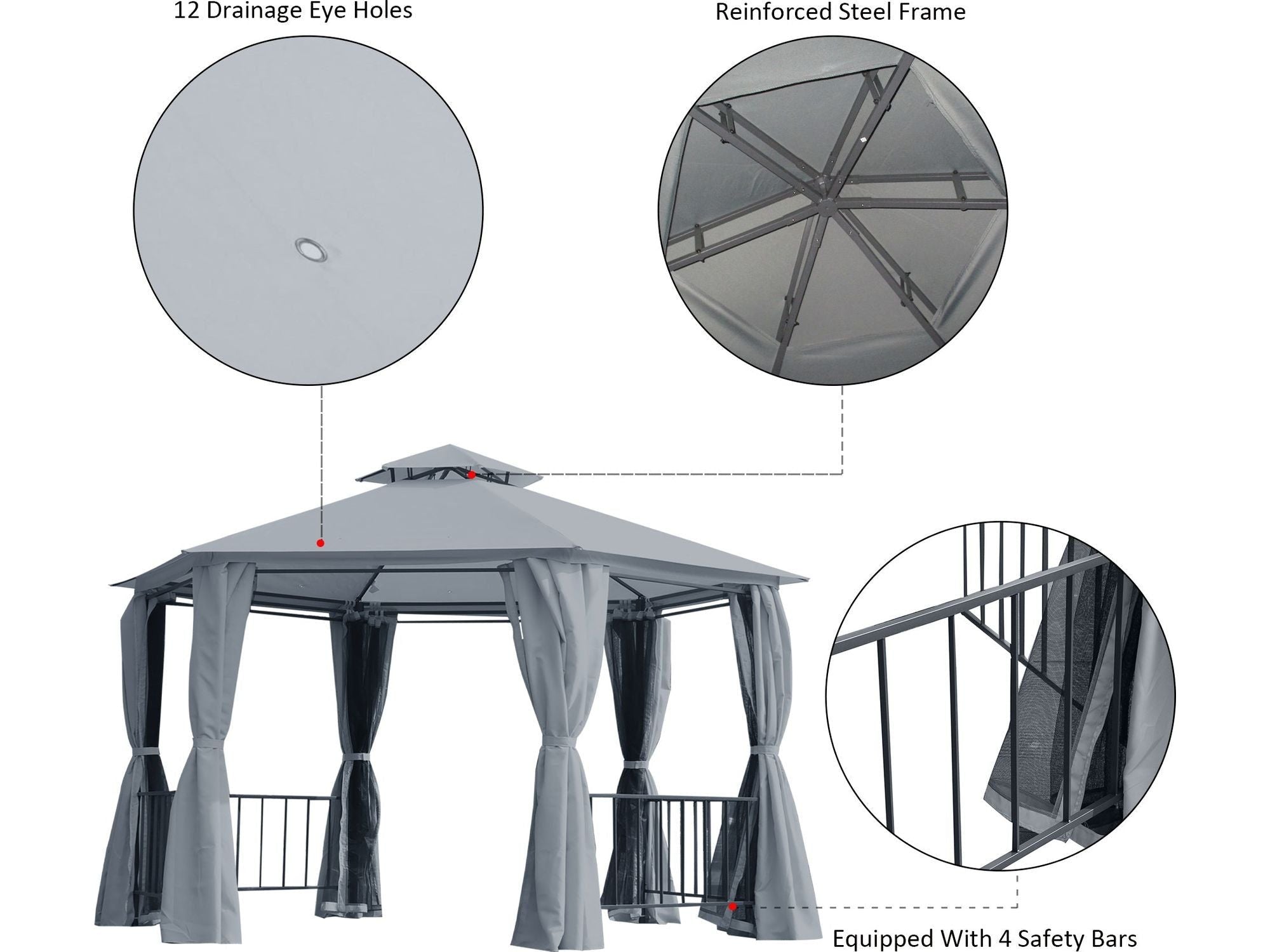13' x 13' Double Roof Hexagon Outdoor Gazebo - Grey