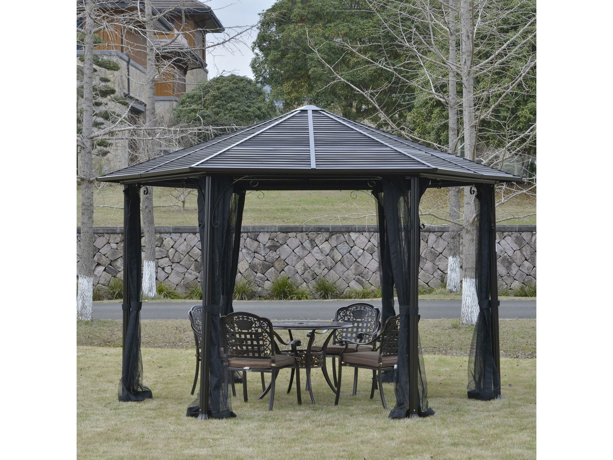 13' x 13' Hexagon Hardtop Gazebo Canopy with Galvanized Steel Roof - Black