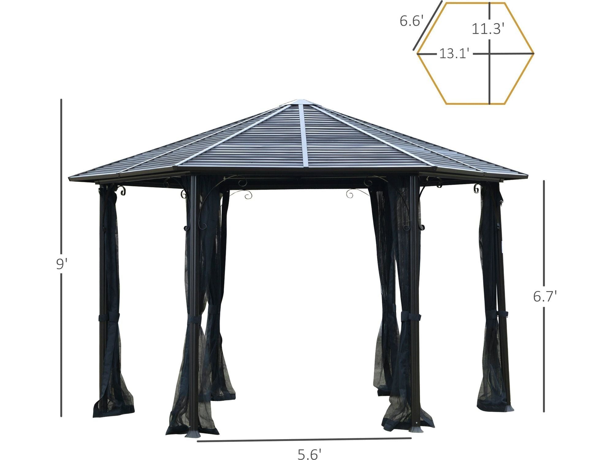 13' x 13' Hexagon Hardtop Gazebo Canopy with Galvanized Steel Roof - Black