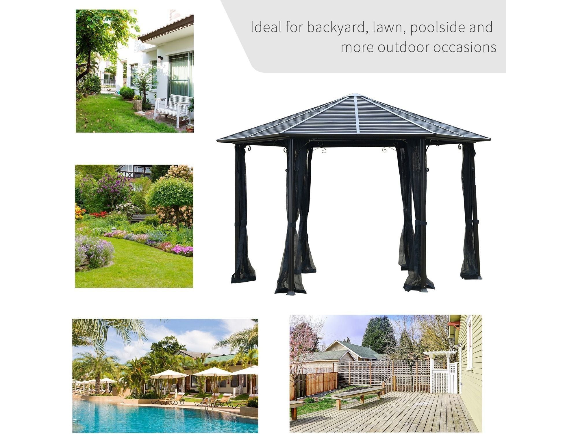 13' x 13' Hexagon Hardtop Gazebo Canopy with Galvanized Steel Roof - Black