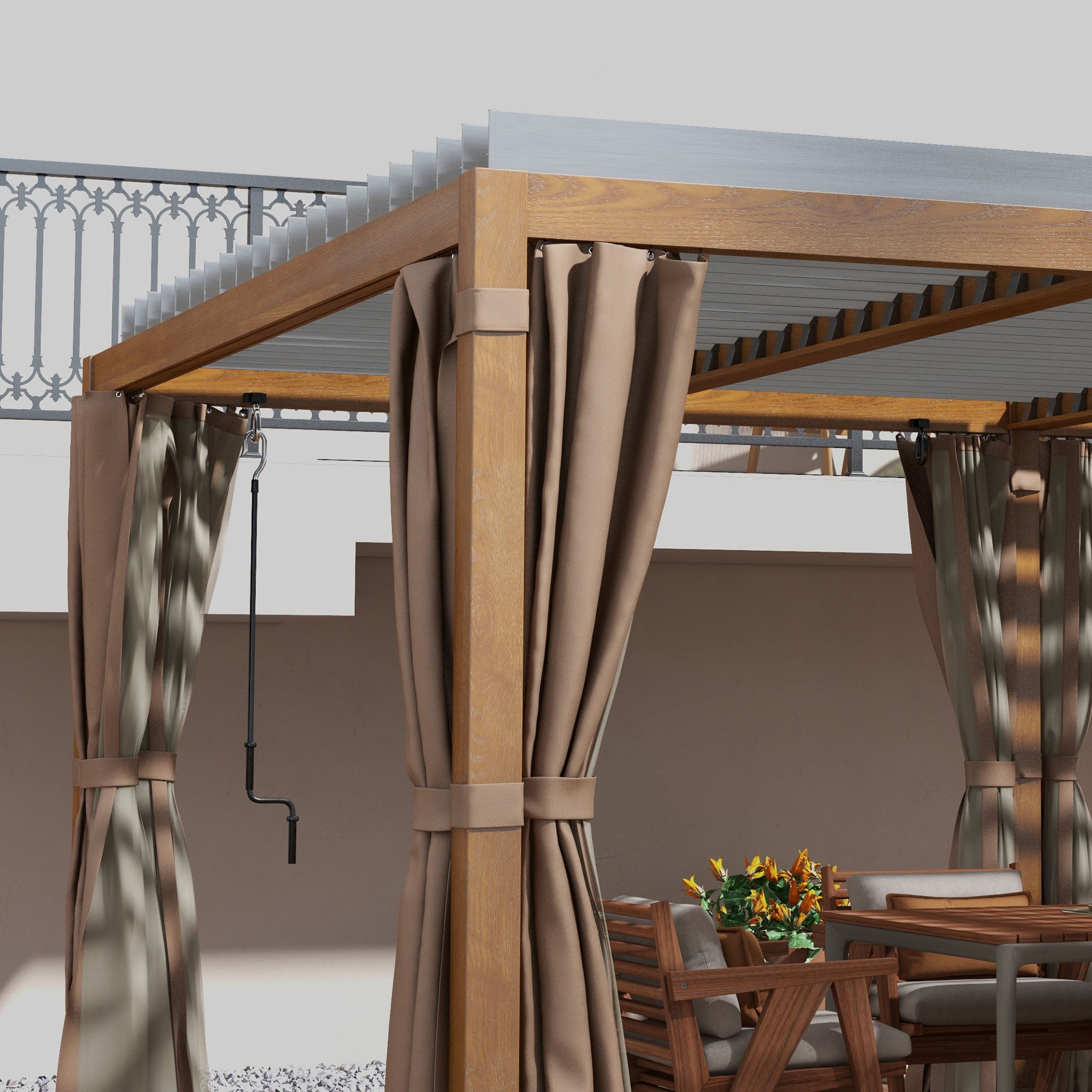 12' x 19' Aluminum Pergola with Louvered - Natural Wood